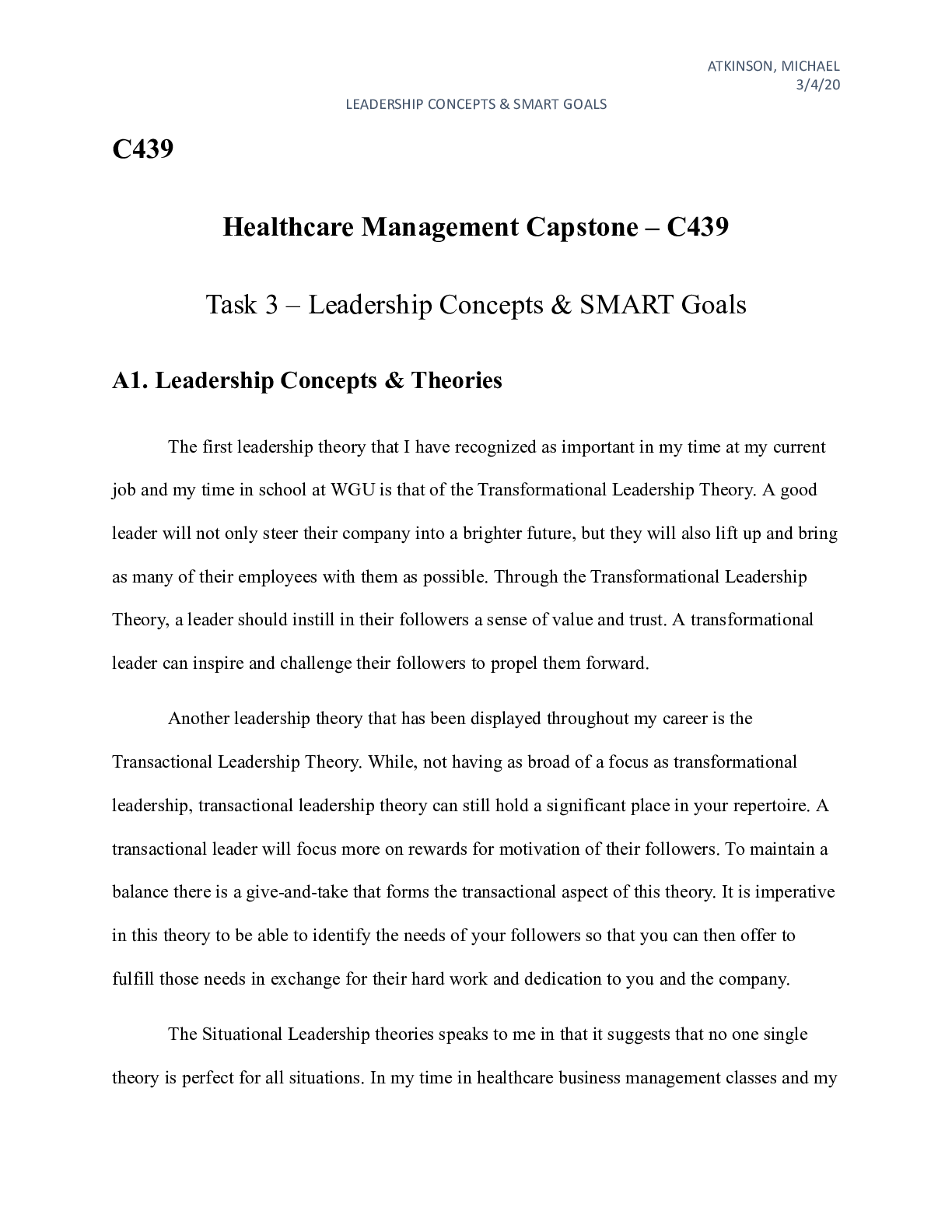 Preview image of task_3.docx  C439  Healthcare Management Capstone â€“ C439  Task 3 â€“ Leadership Concepts document